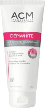 This is a large bottle of body lotion made by ACM Laboratoire Dermatologique. It's called "Dépiwhite Whitening Body Milk," suggesting it's designed to moisturize the skin and also help to lighten the complexion or reduce the appearance of dark spots. The bottle is white with pink and black lettering and has a pump dispenser.