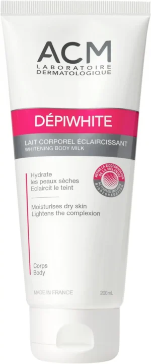 This is a large bottle of body lotion made by ACM Laboratoire Dermatologique. It's called "Dépiwhite Whitening Body Milk," suggesting it's designed to moisturize the skin and also help to lighten the complexion or reduce the appearance of dark spots. The bottle is white with pink and black lettering and has a pump dispenser.